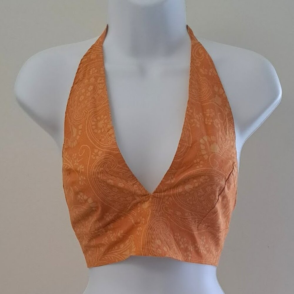 Orange with cream pattern crop top tied at neck and back Small Le Chateau